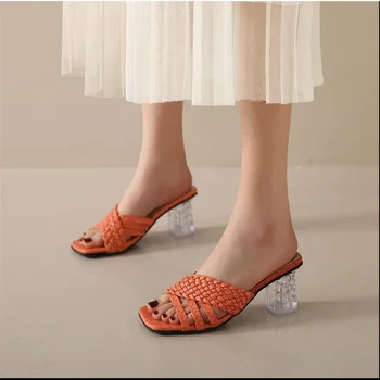 Kristalno pete sandala, ženske tkane čez trakovi, modni visoke pete, velikosti copate