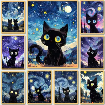 Povzetek Zvezdnato Nebo in Black Cat Plakati in Tiskanje Platno Stensko Slikarstvo Umetnost Slike Za Dnevni Sobi Doma Stensko Dekoracijo Darilo