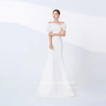 XPAY Preprost morska deklica Koreja Poročne Obleke Off Stretch Rami Saten Dolžina Tal Poročne Halje Korzet Nazaj Mariage