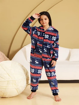 Božič Hooded Pižamo za Otroke Flanela Otroci Onesies Kostume Pozimi Dekleta Navy Blue Print Jumpusit