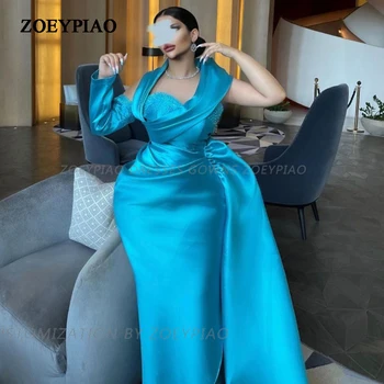 Najnovejši Posebno Modro Prom Obleke Povodcem En Rokav Svetleč Saten Dolgo Sequins morska deklica Dubaj arabski Večerno Obleko za Ženske