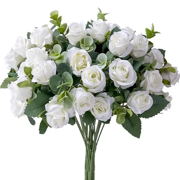 10 Glav Umetne Rože Svilene Rose beli listi Evkaliptusa Peony Šopek Ponaredek Cvet za Poroko Tabela Stranka Vaza Doma Dekor