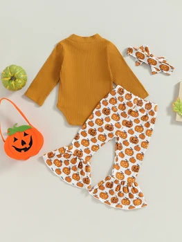 Baby Dekle Halloween Kostum Belušno Dolg Rokav Romper Bučna Tiskanja Flare Hlače Glavo Nastavite Jeseni Obleko