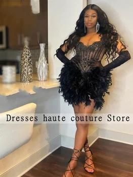 Luksuzni Beaded Diamond Ženske Kratke Prom Obleke 2023 Za Črno Dekle, Črno Pero Cocktail Dresess Rojstni Obleke