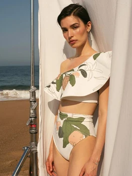 Tiskani Ogrlicom Split Kopalke Eno Ramo Backless Visoko Pasu Bikini Seksi, Elegantna Plažo Ženski Push-Up Slim Moda 2023