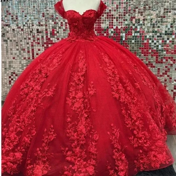 Rdeča Off Ramo Biseri Beading Žogo Obleke Quincenara Obleke 3D Cvetlični Korzet Čipke Sweet 16 Vestidos De XV Años