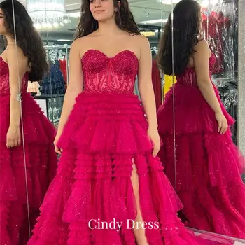 Cindy Multi-layer Rose Rdečega Tila Ljubica Večerno obleko Luksuzno Obleko 2023 Obleke za Maturantski ples Ženske Elegantne Stranka Ženski Dolgo Chic