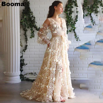Booma Bež Vezeni cvetje Linije Prom Obleke V Vratu Dolge Rokave Posebne Priložnosti Obleko za Ženske Večer Ples Obleke