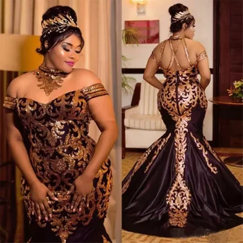 Plus Velikost Zlato Sequined Prom Obleke za Afriške Ženske Povodcem morska deklica Zamah Vlak Formalne Priložnosti Vestidos Par Mujer 2023 Nova