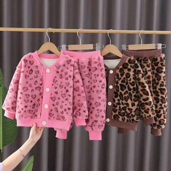 Jeseni, Pozimi Otroci Dekliška 2PCS Oblačila, ki Ljubezen Bombaž Plašč Leopard Runo Hlače Baby Dekle Loungewear Obleko Otroci Dekle Pižami