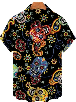 Nove Moške Prevelik Lobanje Vzorec Hawaiian Majica Kratek Rokav Y2k Vrhovi Moški Vintage Oblačila Ulične Harajuku Najljubše Majice