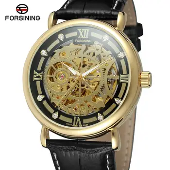 FORSINING watch modni trend votlih design preprost moški, zlata, črna številčnica, zlato primeru črno usnjeno traku samodejno mehanska ura