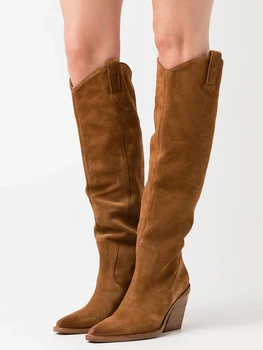 Jesenski Modni Škornji Ženske 2023 Pozimi Vitez Denim Zahodni Boots Brown Visokih Petah Antilop Ovčje Usnje kolena, Visoko Boot Čevlji